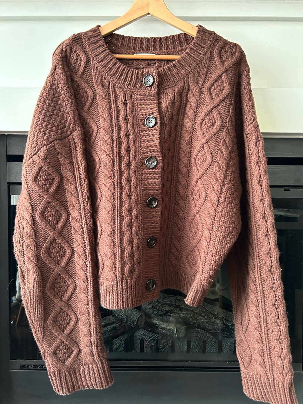 Uncle Studios Brown Cable Knit 100% Wool Cardigan